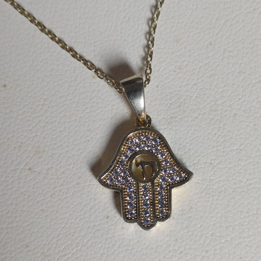 Hamsa Hand Pendant Necklace Gold Plated 925 Silver Rhinestone Accents 18 Chain
